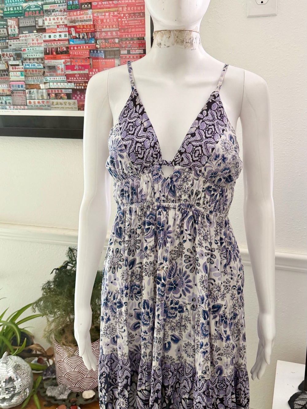 Angie Purple and White Floral Lace-Trim Slip Dress with Adjustable Straps